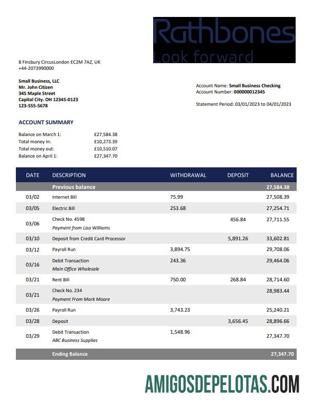 Baixável Rathbones Bank Company Statement Word And PDF modelo